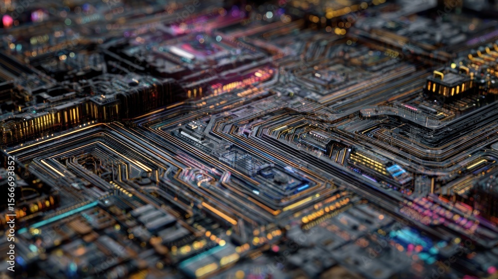 Obraz premium Intricate circuit board glowing pathways abstract technology background