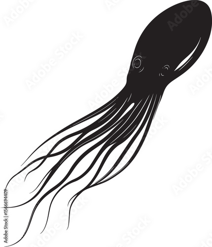 Squid Gliding Through Water Body elongated with fins outstretched, swiftly propelling itself through the aquatic environment. Full-length silhouette black vector design.