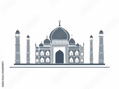 Illustration of the taj mahal with its iconic dome and minarets in a simple gray and white design