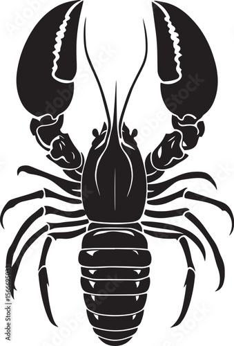 Lobster in a Defensive Stance Body arched with claws raised high, exhibiting a threatening posture. Full-length silhouette black vector design.