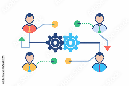Illustration of connected people with gears representing business workflow and collaboration process