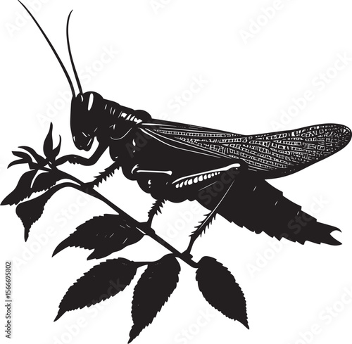 Grasshopper Feeding Body angled forward with legs spread and mouthparts eating leaves or plants. full length silhouette black vector illustration
