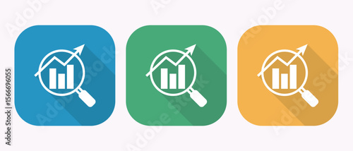 Magnifying glass over rising bar graph and line chart with upward arrow