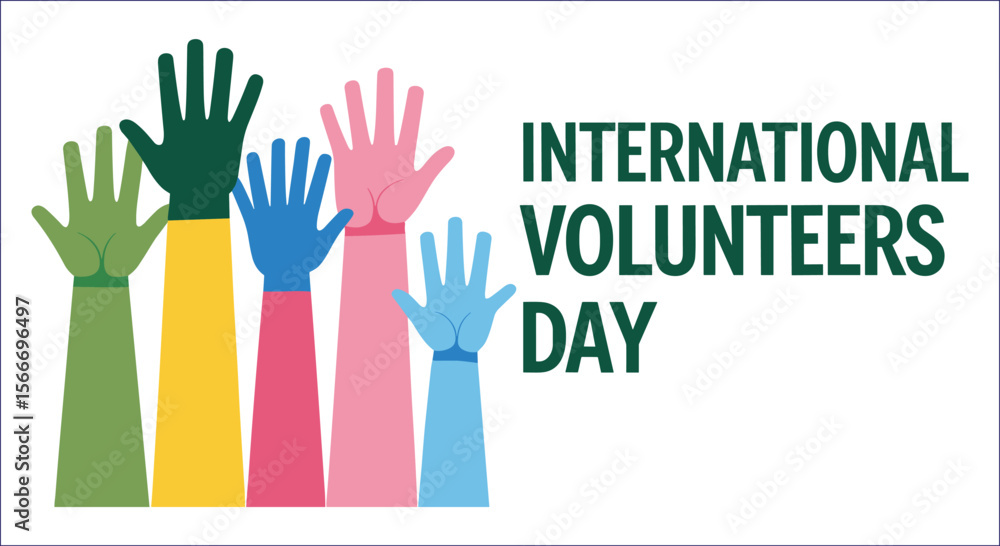 Fototapeta premium International Volunteers Day Design With Raised Hands Of Different Colors Background