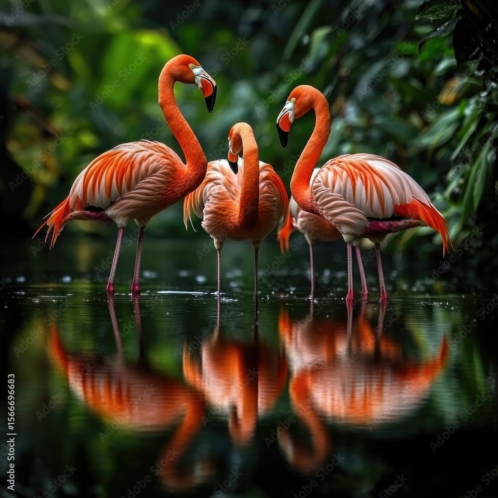 Fototapeta premium Flamingo Group Standing In Water Reflection isolated on a transparent backgroun