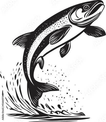 Trout Jumping Body arched with tail and fins extended while leaping above the water's surface. full length silhouette black vector illustration