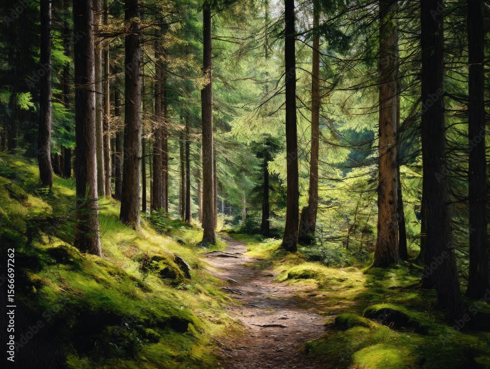 Fototapeta premium Forest Path Sunlit Pine Trees Dappled isolated on a transparent backgroun