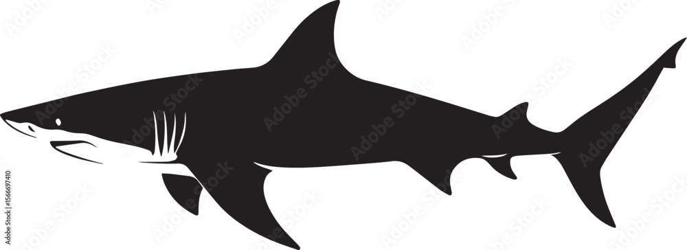 Obraz premium Shark gliding body sleek, tail fin extended, and fins spread wide while moving through the water in a full-length silhouette.