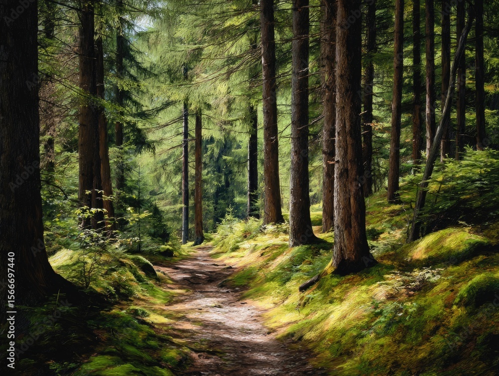 Fototapeta premium Forest Path Sunlit Pine Trees Dappled Light isolated on a transparent backgroun