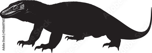 Komodo dragon stalking body low, head stretched forward, and tail slightly raised in a full-length silhouette.