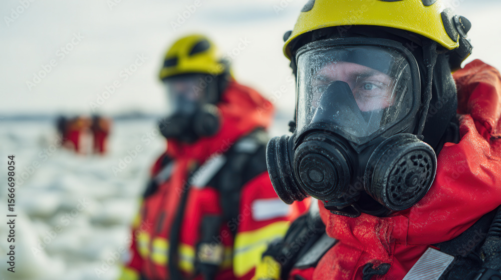 Obraz premium Fire rescue team trains in winter sea conditions for emergency response with gas masks and uniforms