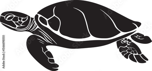 Turtle Resting Body still, legs tucked under the shell, head slightly extended. full length silhouette black vector illustration