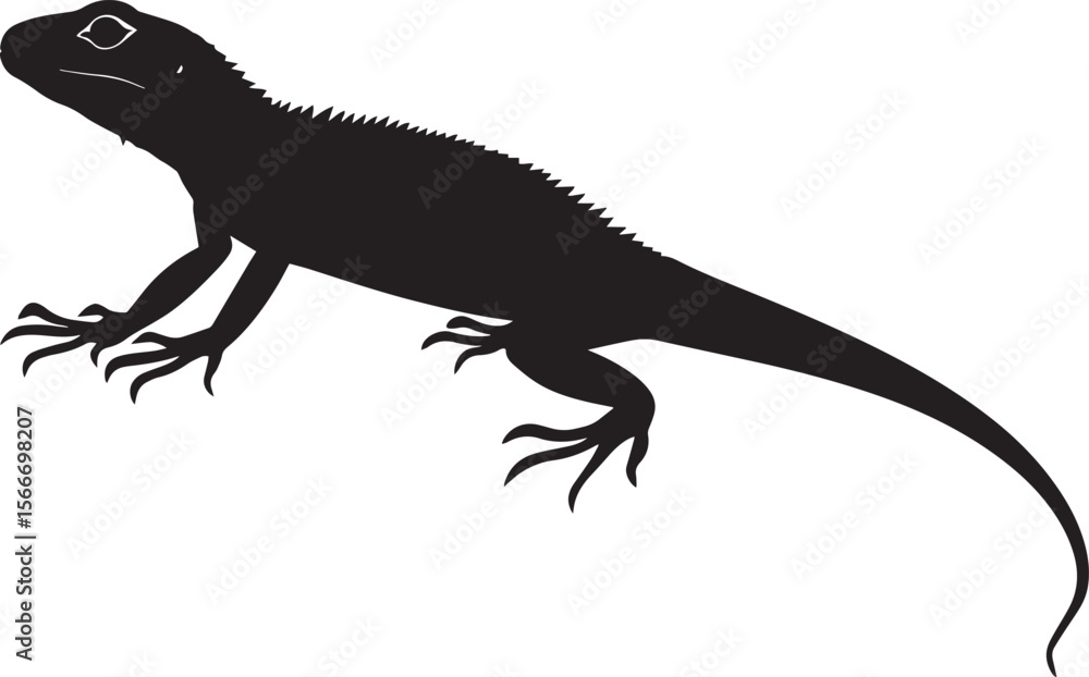 Fototapeta premium Lizard in pursuit body positioned low, tail extended behind, and head forward with eyes sharply focused in a complete silhouette illustration.