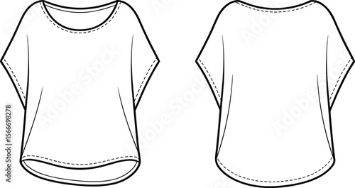 Dolman sleeve curved hem t-shirt flat sketch – women’s scoop neck front and back technical drawing for fashion design, CAD template, tech pack, and clothing spec sheets.