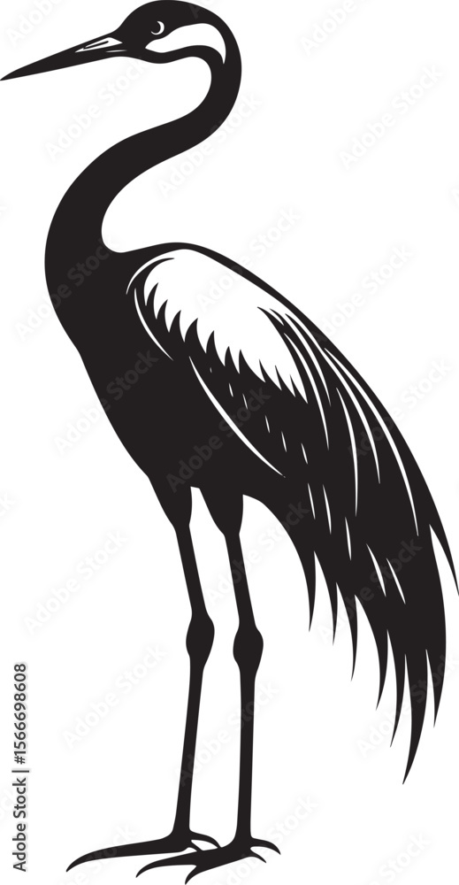 Obraz premium Crane lounging standing still with wings neatly tucked, neck bent, and body at ease in a black vector outline.