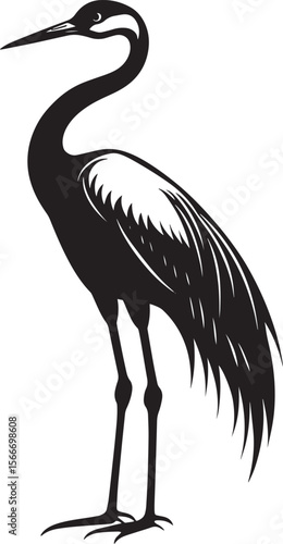 Crane lounging standing still with wings neatly tucked, neck bent, and body at ease in a black vector outline.