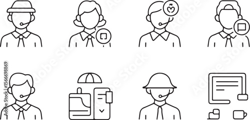 Line art icons: diverse customer service representatives, headsets, support, helpdesk,  professional, minimalist style.