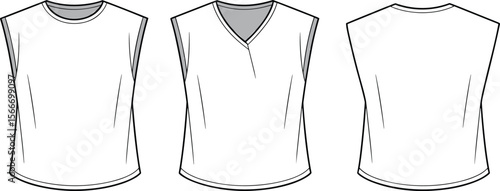 Women's muscle tank flat sketches – crew neck, V-neck, and back view sleeveless top CADs for fashion designers, apparel tech packs, and clothing spec sheets.