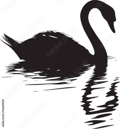 Swan Preening Beak reaching back cleaning feathers body slightly turned. full length silhouette black vector illustration