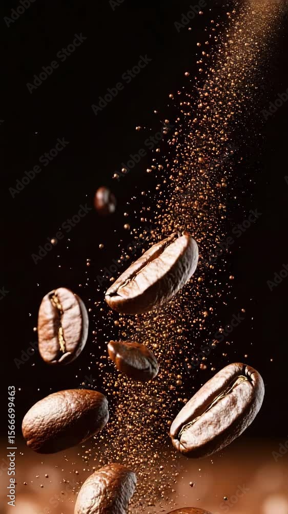 A captivating coffee bean composition, a display of freshness of coffee beans with coffee ground dust, artfully suspended against a rich dark backdrop. A captivating coffee bean composition, a display of freshness of coffee beans with coffee ground dust, artfully suspended against a rich dark backdrop.