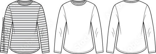 Men’s long sleeve t-shirt flat sketch – classic striped and solid crew neck tee CADs ideal for fashion tech packs, apparel design templates, and specifications.