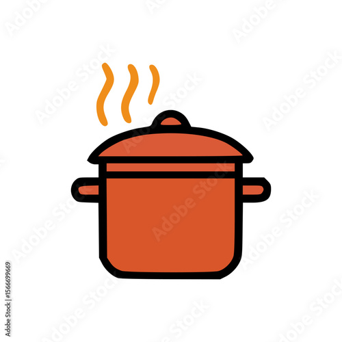 Flat kitchenware symbol showing a red cooking pot with steam indicating active cooking or food preparation process
