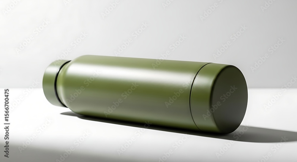 Fototapeta premium Olive Green Water Bottle on White Surface, Minimalist Product Photography.