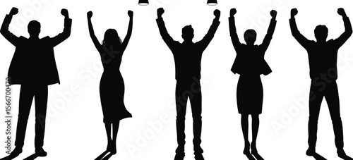 Business people silhouette group celebrating success achievement teamwork unity concept with raised hands vector illustration for corporate office design projects