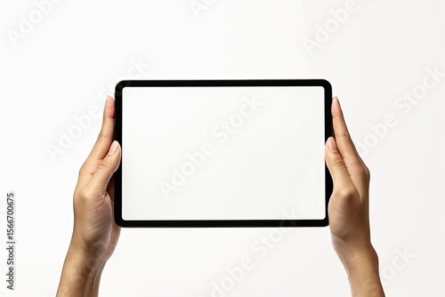 Clear Pixel Picture of Hands with Black Tablet Computer, Isolated on White Background