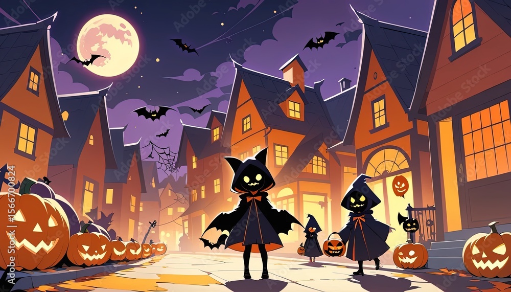 Halloween night scene in a quaint village street. Halloween night scene in a quaint village street.
