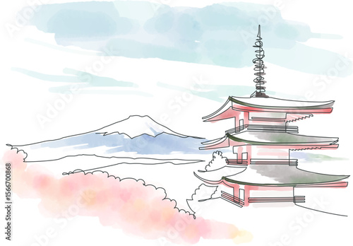 Landscape of Mt. Fuji, cherry blossoms, and a five-story pagoda, painted in one stroke and with watercolors. Yamanashi, Japan