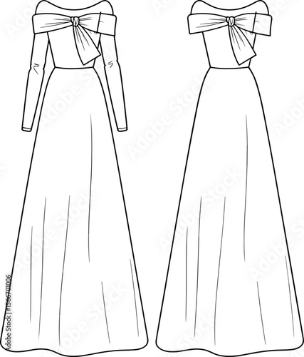 Women's off-shoulder evening gown flat sketch – fashion CAD with bow detail, fitted bodice, long sleeves, and flared hem for dress tech packs and illustrations.