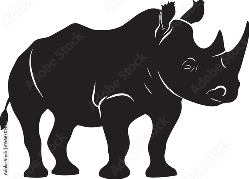 Rhino Sniffing the Air Nose outstretched, body crouched, alert expression, black vector art.
