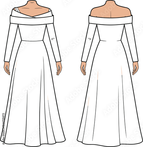 Off-the-shoulder long sleeve gown flat sketch – bridal fashion CAD with fitted bodice and flared skirt for wedding dress tech pack, patternmaking, and digital illustration.