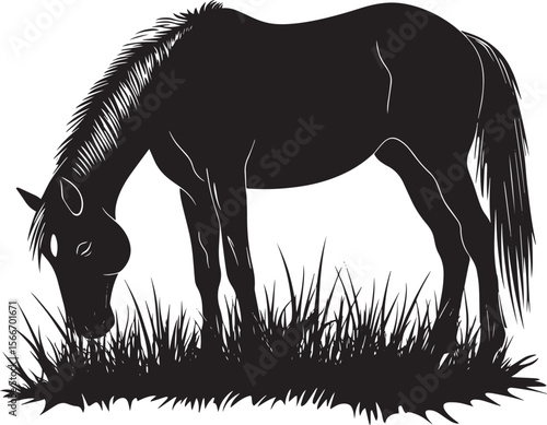 Horse Feeding Head lowered, legs slightly bent, nibbling on the ground, silhouette illustration.