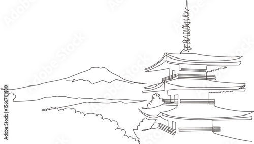 Scenery overlooking Mount Fuji and Five-storied pagoda painted with a single stroke. Yamanashi, Japan