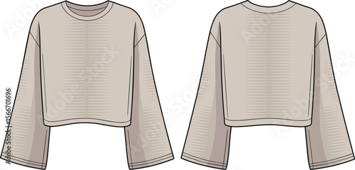 Women’s cropped sweatshirt flat sketch with wide sleeves and crew neck – fashion CAD template for oversized streetwear, tech packs, and digital apparel design.