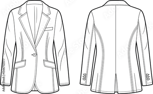 Classic women’s tailored blazer jacket technical flat sketch front back view, fashion CAD drawing for apparel design template, vector illustration