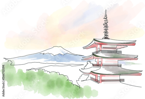 Scenery overlooking Mount Fuji and Five-storied pagoda painted with a single stroke and watercolors. Yamanashi, Japan