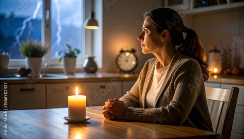 Candle-lit moment during blackout. Quiet, moody, emotional — perfect for themes of waiting, crisis, or memory.