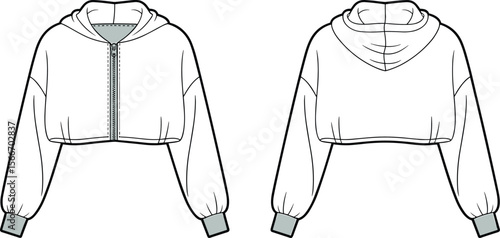 Women’s cropped hoodie flat sketch with dropped shoulders and ribbed cuffs – fashion technical drawing for design tech packs, CAD templates, and streetwear apparel collections.