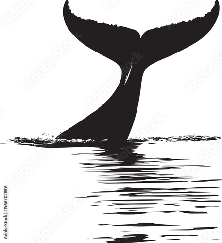 Whale Diving Body descending into the water, tail raised in a curve. full length silhouette black vector illustration