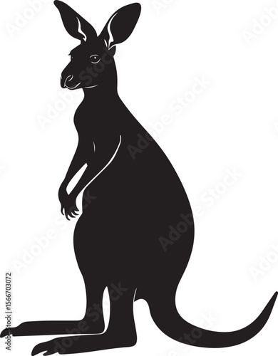 Kangaroo Standing Upright on hind legs, tail supporting balance, front paws relaxed. full length silhouette black vector illustration