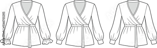 Wrap blouse flat sketch with puff sleeves and waist sash – digital fashion CADs for women’s tops, perfect for garment design, tech packs, or pattern making.