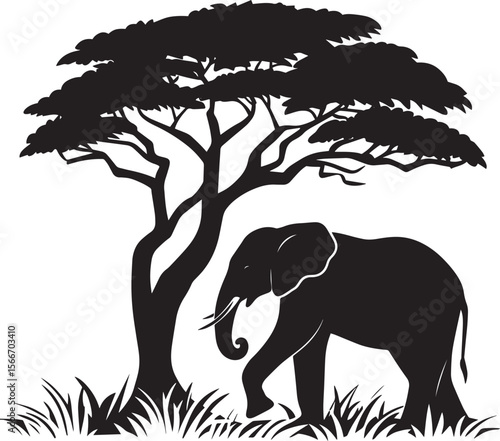 Elephant Eating Trunk curled around a tree or grass, head bent down. full length silhouette black vector illustration