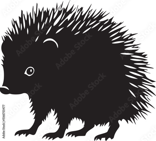 Hedgehog Poised Standing tall with legs firmly set, trunk raised or at ease, complete black vector silhouette design.
