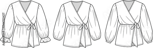 Wrap blouse flat sketches with puff sleeves and waist tie – fashion technical drawings for women’s tops, ideal for digital pattern design and sewing templates.