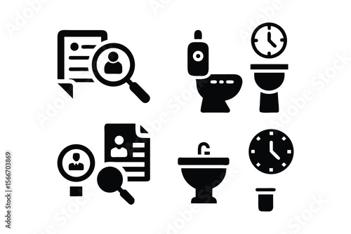 Modern Minimalist Black Icons:  Resume Search, Bathroom Fixtures, Time Management Symbols.
