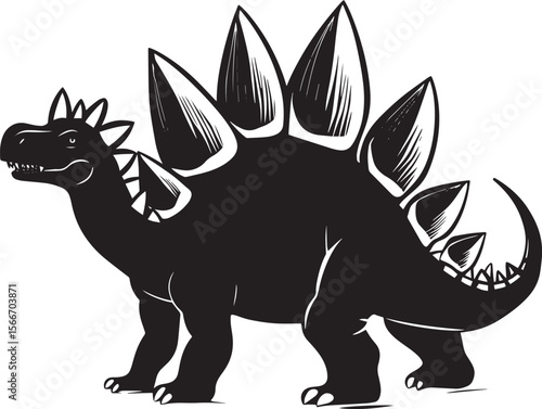 Stegosaurus A notable quadruped known for its slow movement, prominent plates on its back, and tail adorned with spikes, full-length silhouette in black vector art.