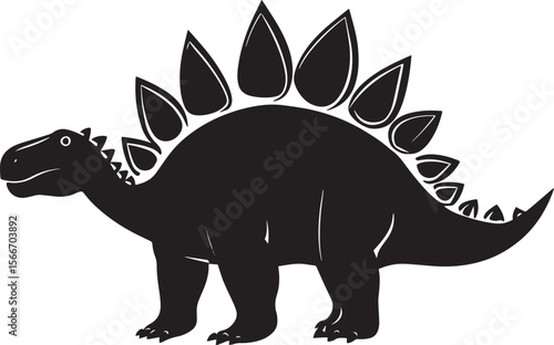 Stegosaurus A sturdy herbivore characterized by its massive back plates, spiked tail, and diminutive head, complete black vector silhouette design.